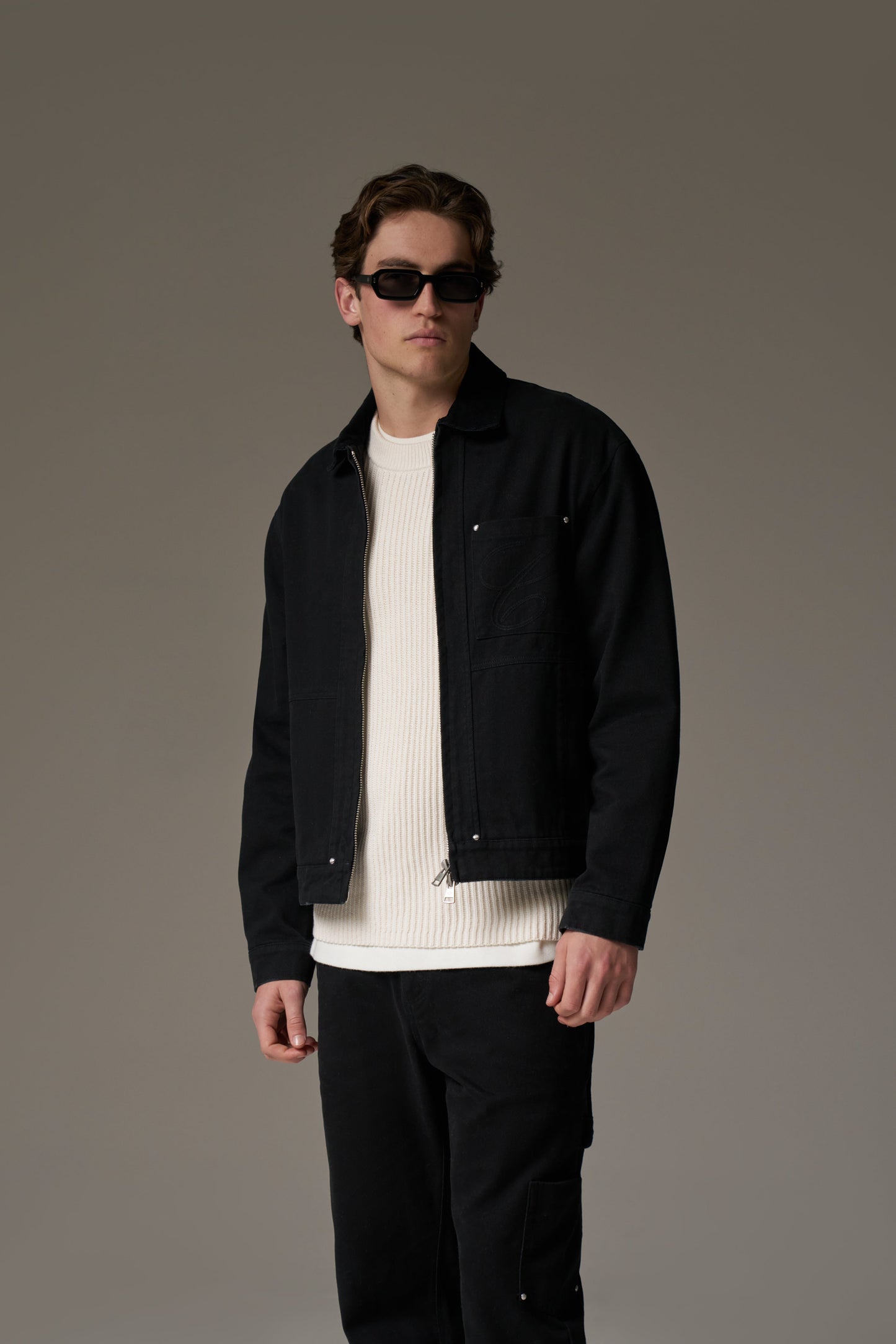 TWILL CONTRAST COLLAR JACKET - WASHED BLACK