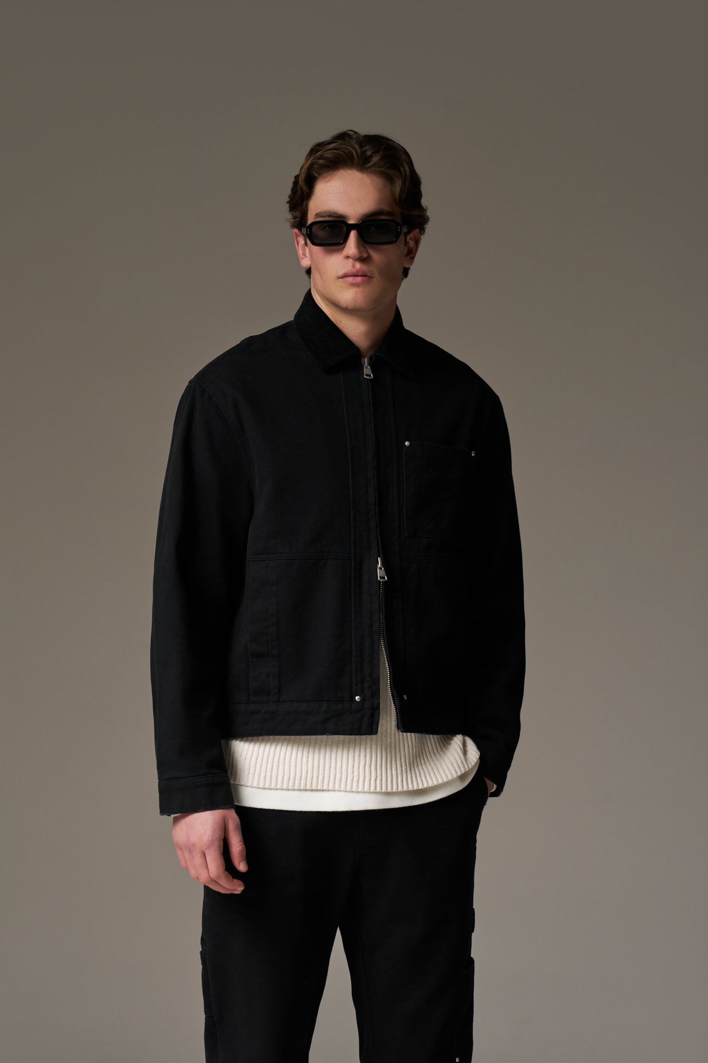 TWILL CONTRAST COLLAR JACKET - WASHED BLACK