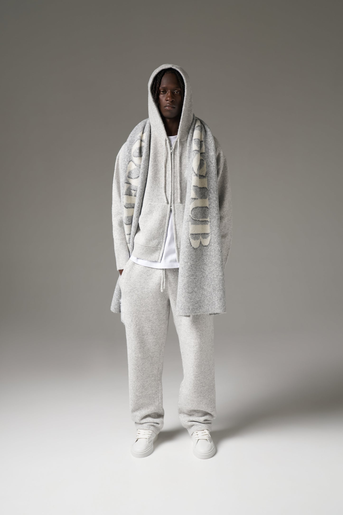 MONOGRAM FLUFFY KNIT ZIP THROUGH HOODIE - GREY MARL