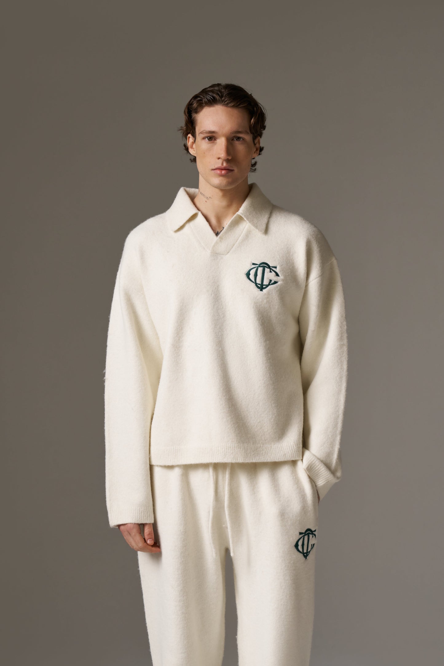 MONOGRAM KNITTED POLO TOP - OFF WHITE