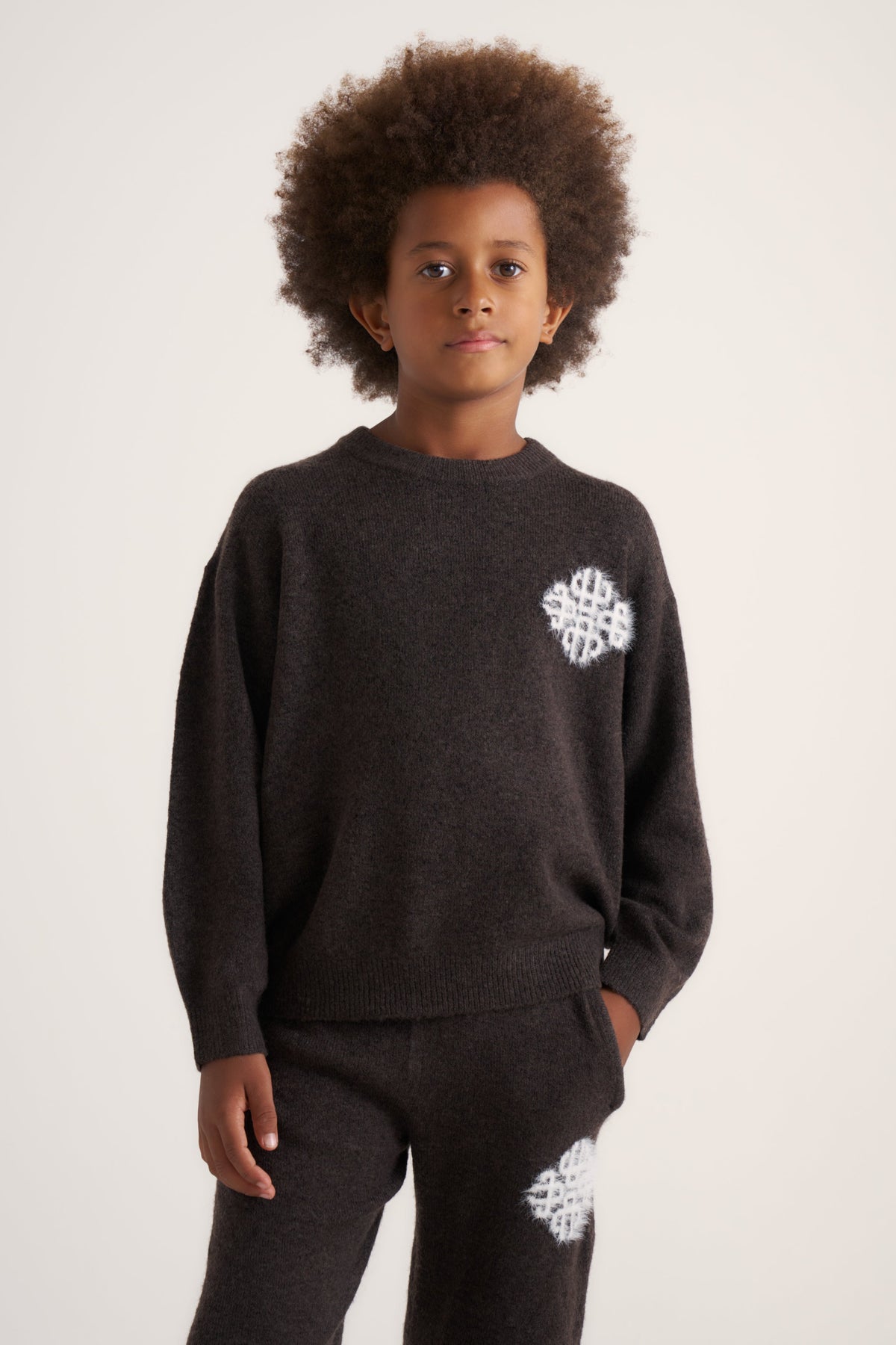 JUNIOR EMBLEM FLUFFY KNIT CREW - BROWN