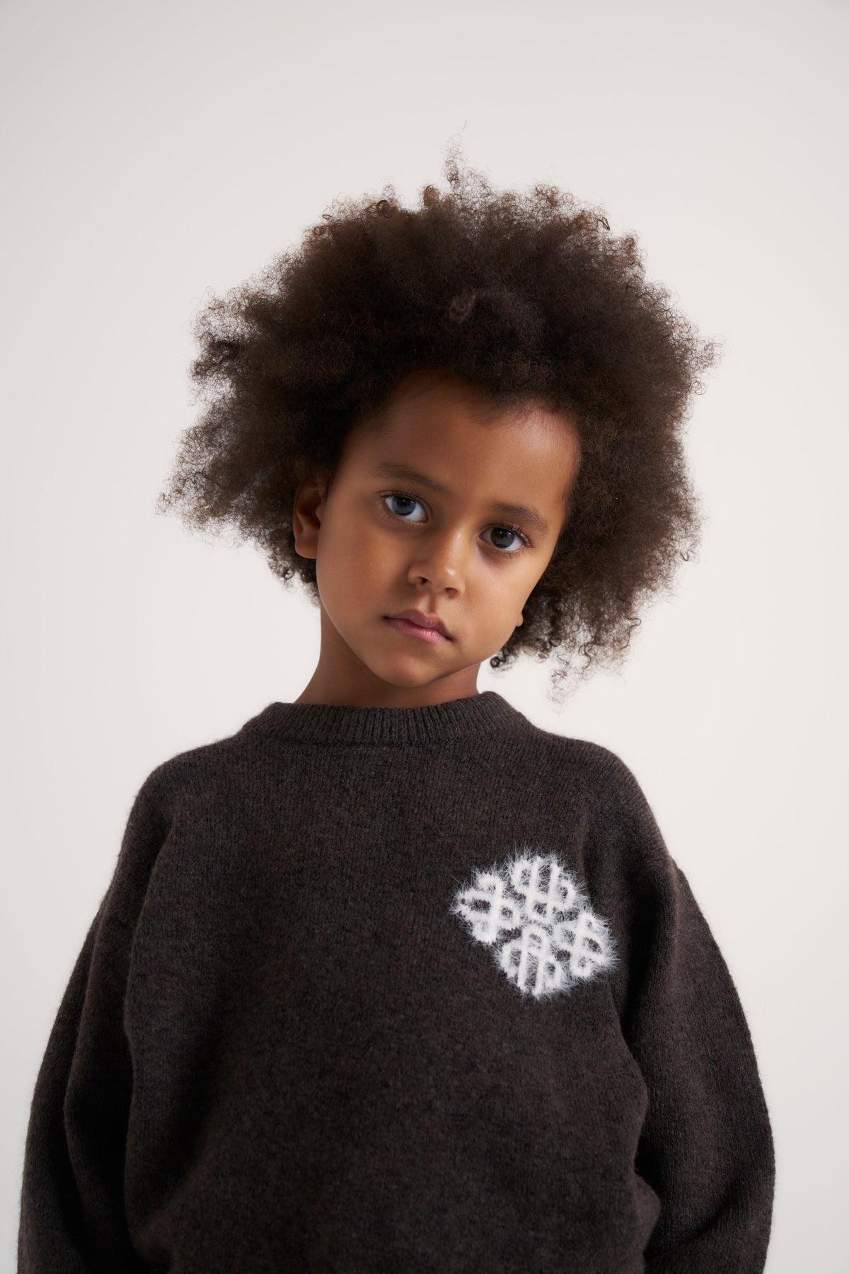 KIDS EMBLEM FLUFFY KNIT CREW - BROWN