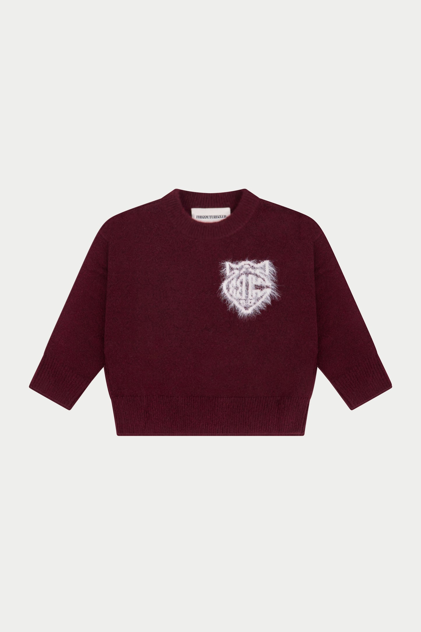 JUNIOR MONOGRAM FLUFFY KNIT CREW - BURGUNDY