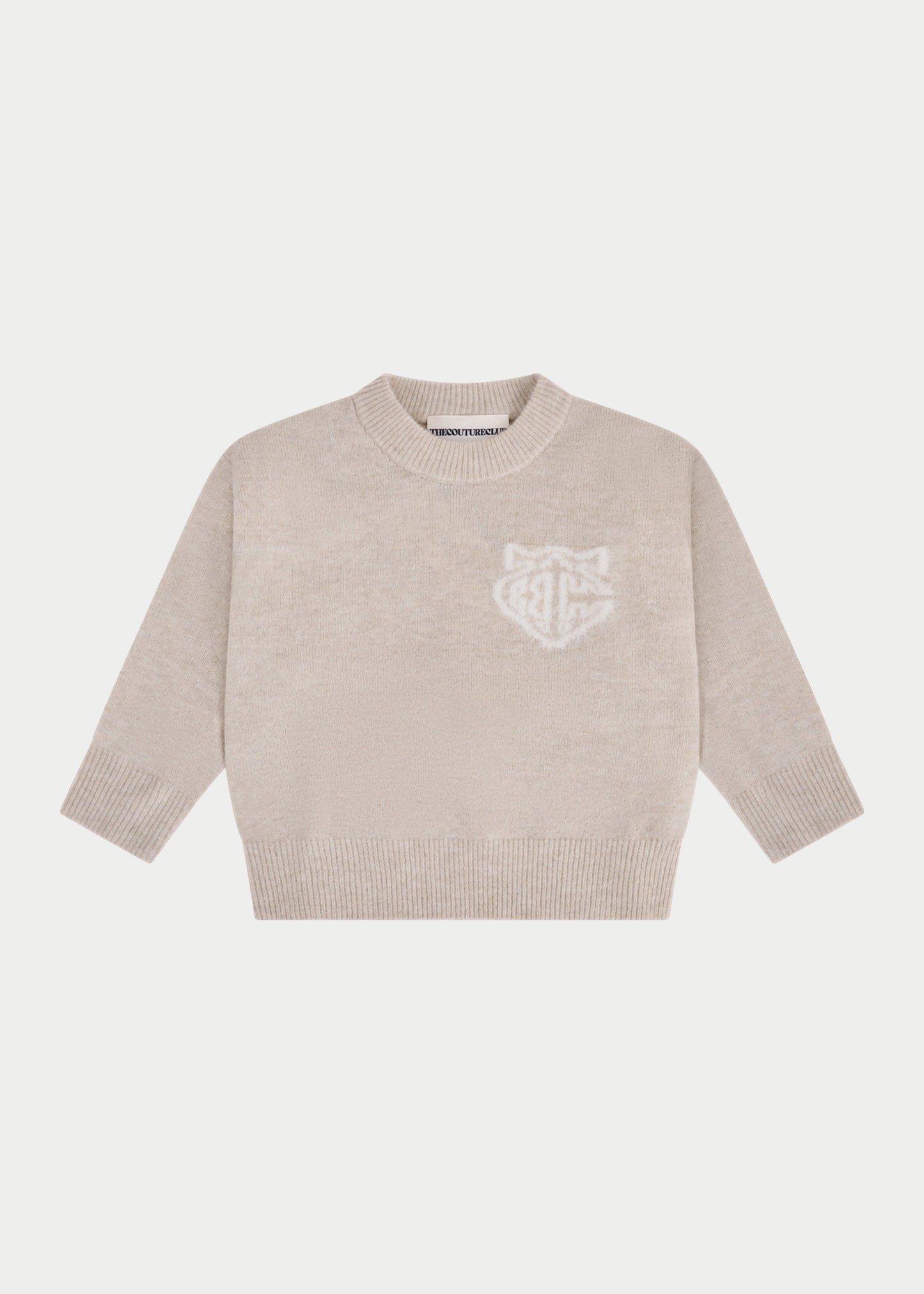 Junior Monogram Fluffy Knit Crew in Beige