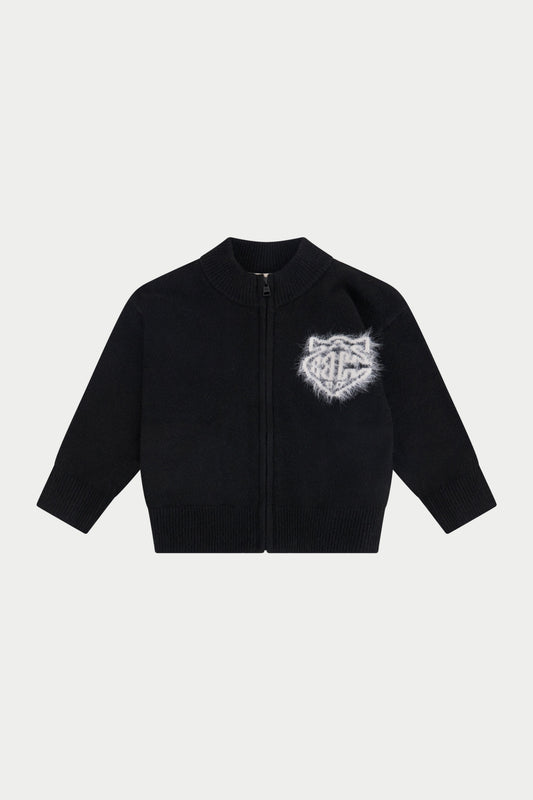 JUNIOR MONOGRAM FLUFFY KNIT ZIP THROUGH - BLACK