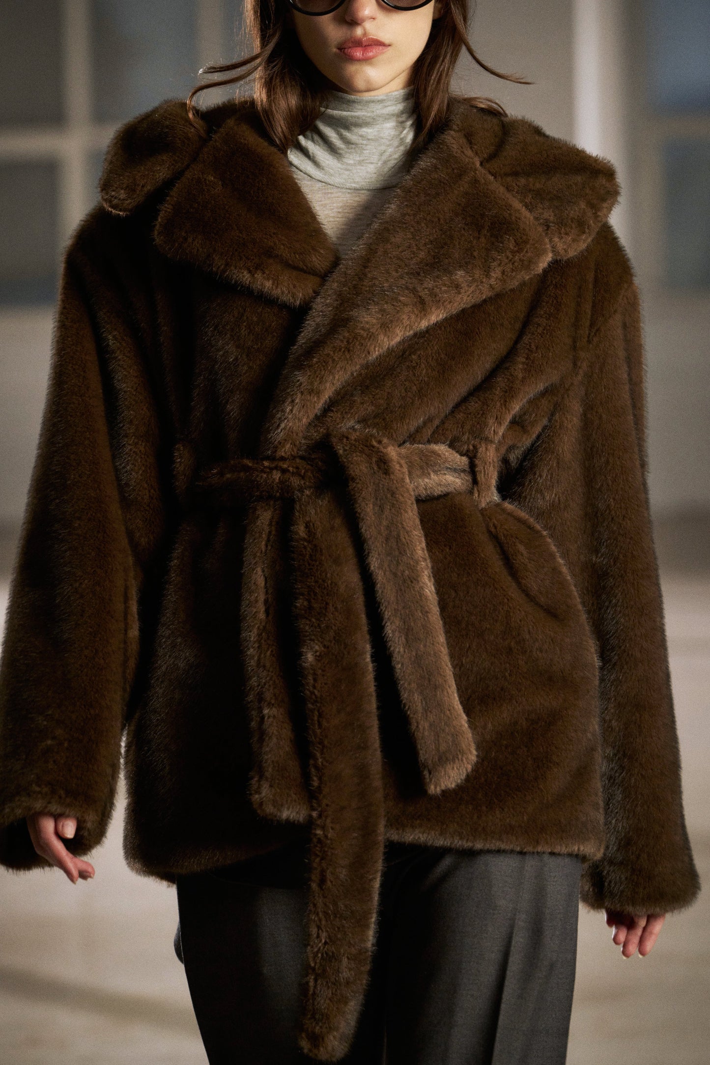 BELTED FAUX FUR HOODED COAT - CHOCOLATE