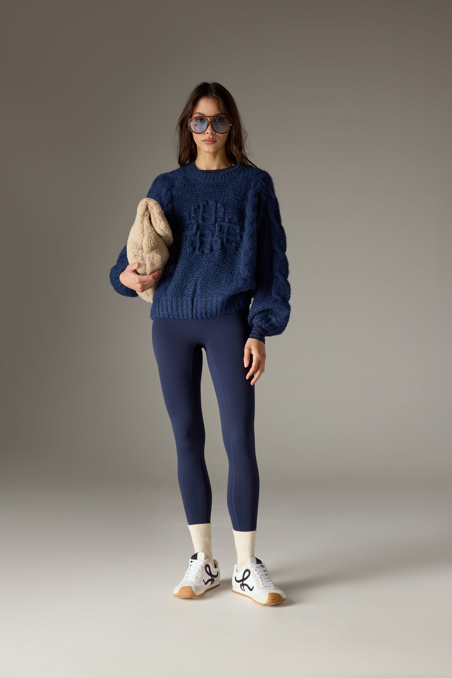 EMBLEM PLAITED OVERSIZED KNIT JUMPER - NAVY