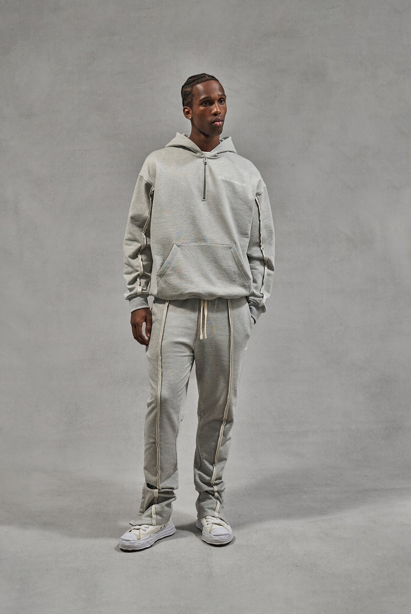 RAW SEAM QUARTER ZIP HOODIE - GREY MARL