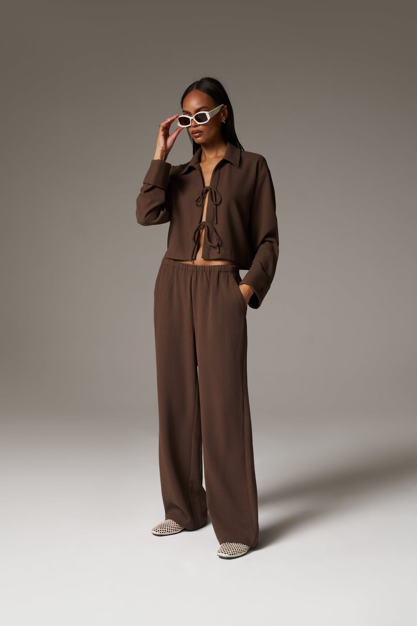 TEXTURED LINEN TIE FRONT SHIRT - BROWN