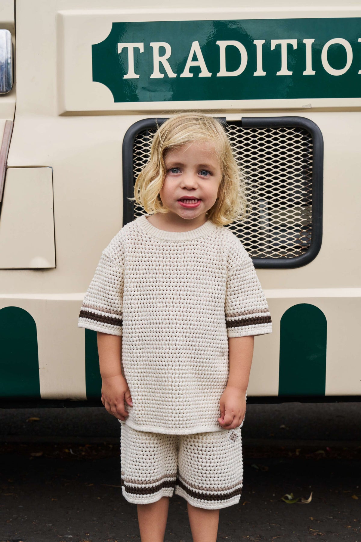 KIDS STRIPE CROCHET KNIT T-SHIRT - OFF WHITE