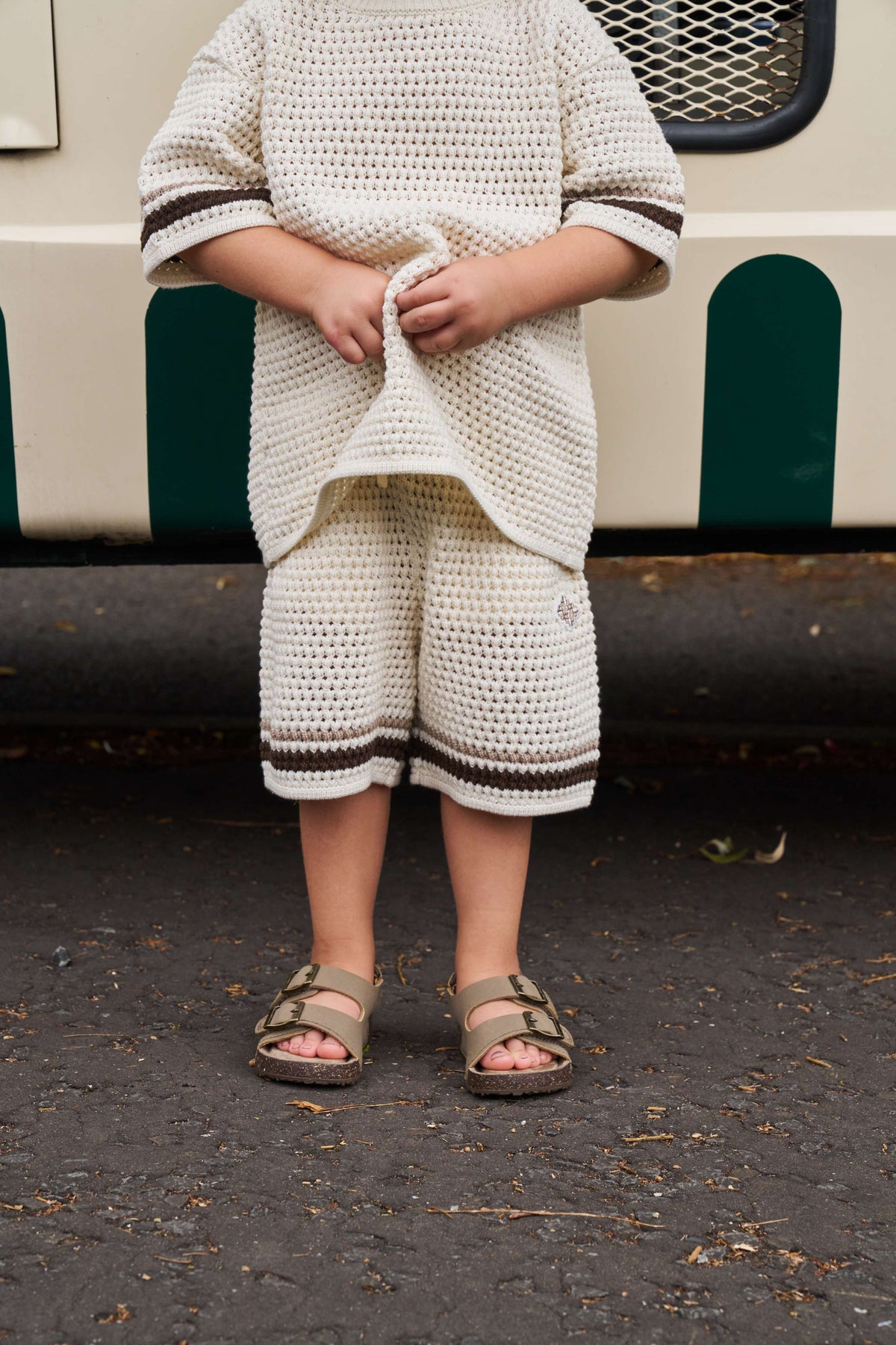 KIDS STRIPE CROCHET KNIT SHORTS - OFF WHITE