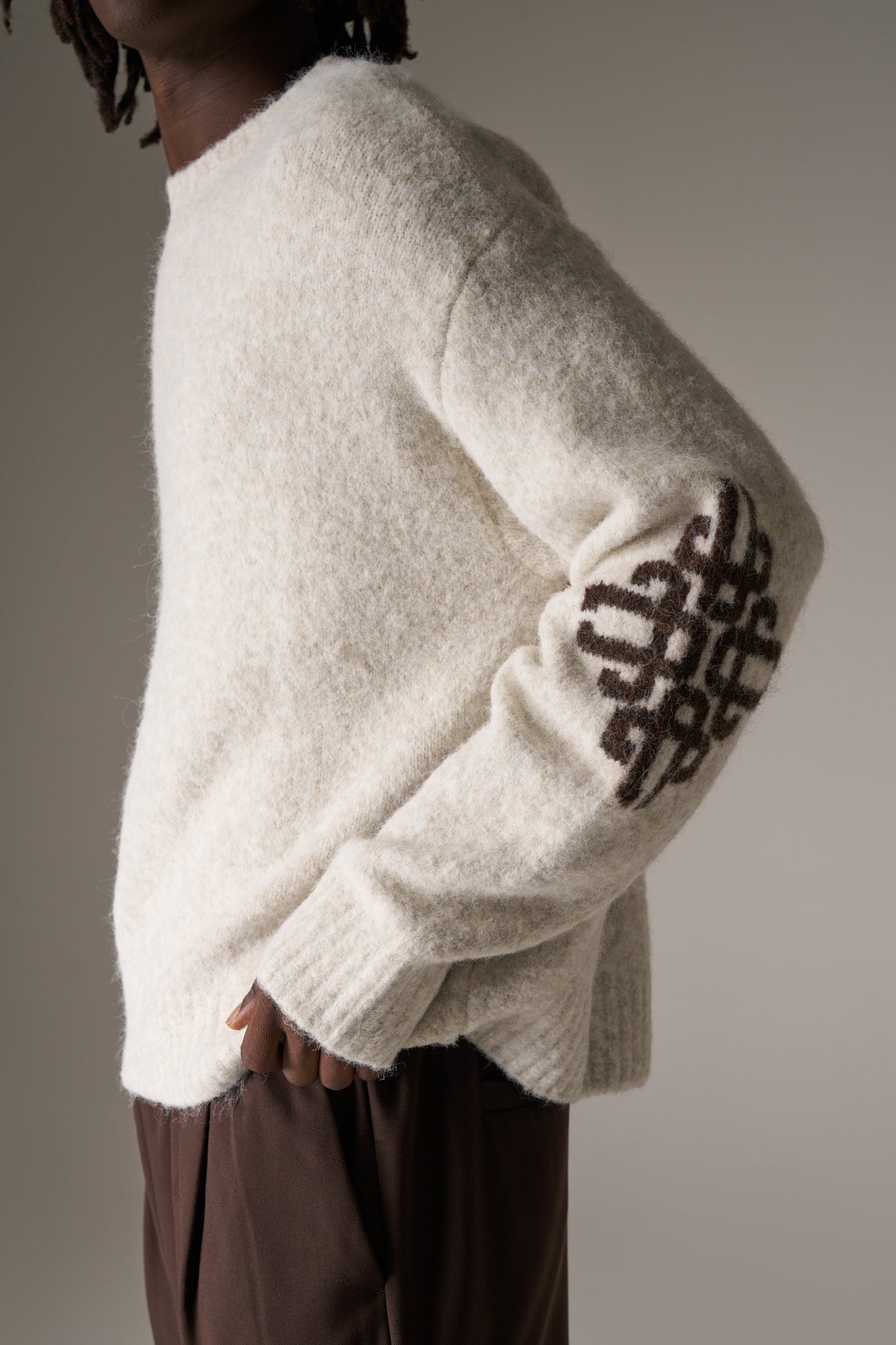 BRUSHED EMBLEM SLEEVE KNITTED CREW - BEIGE