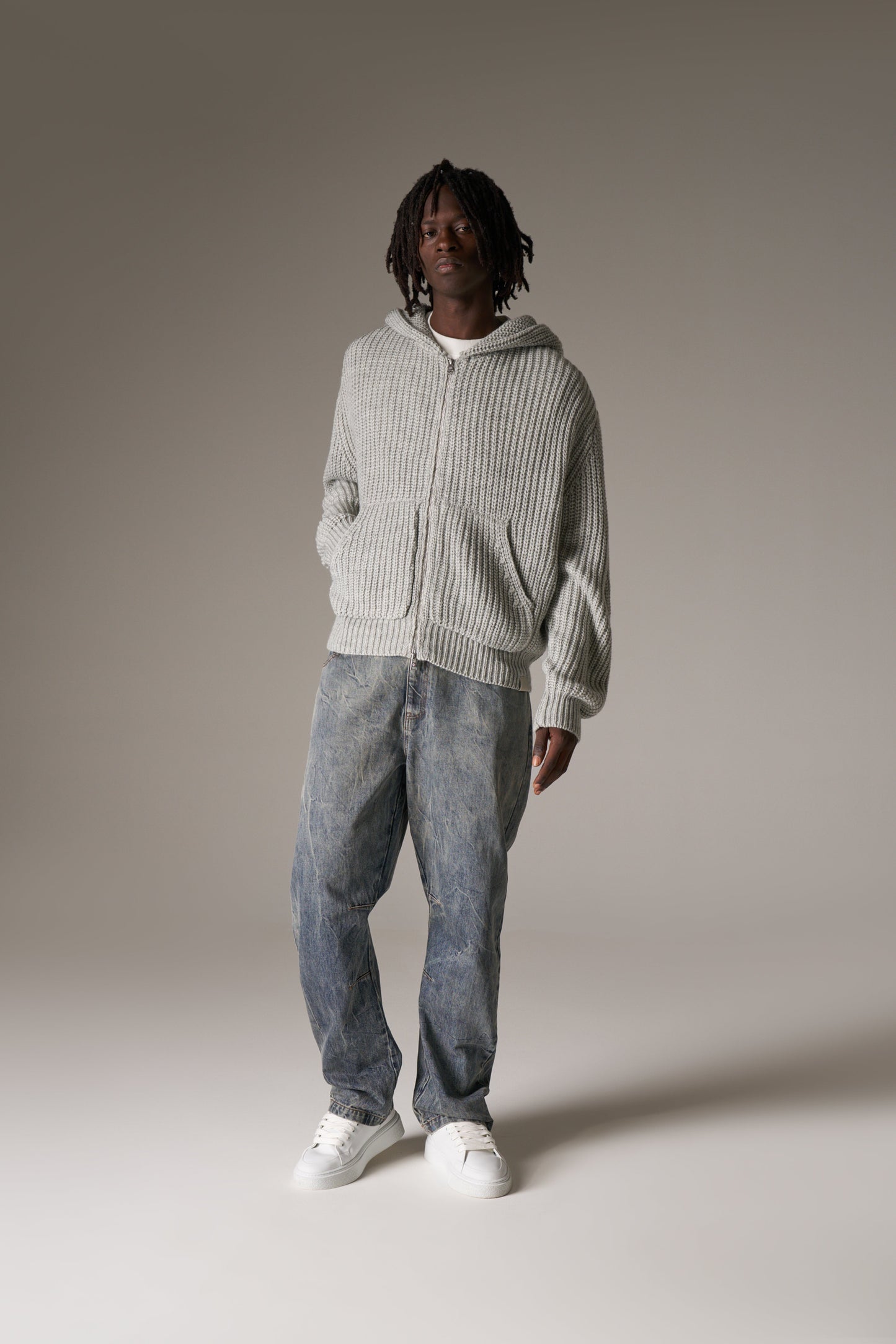 HEAVY RIB KNITTED ZIP THROUGH HOODIE - GREY MARL