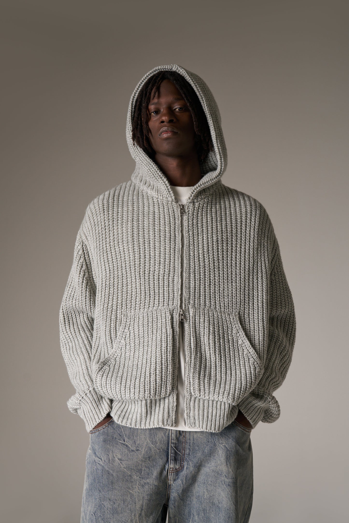 HEAVY RIB KNITTED ZIP THROUGH HOODIE - GREY MARL