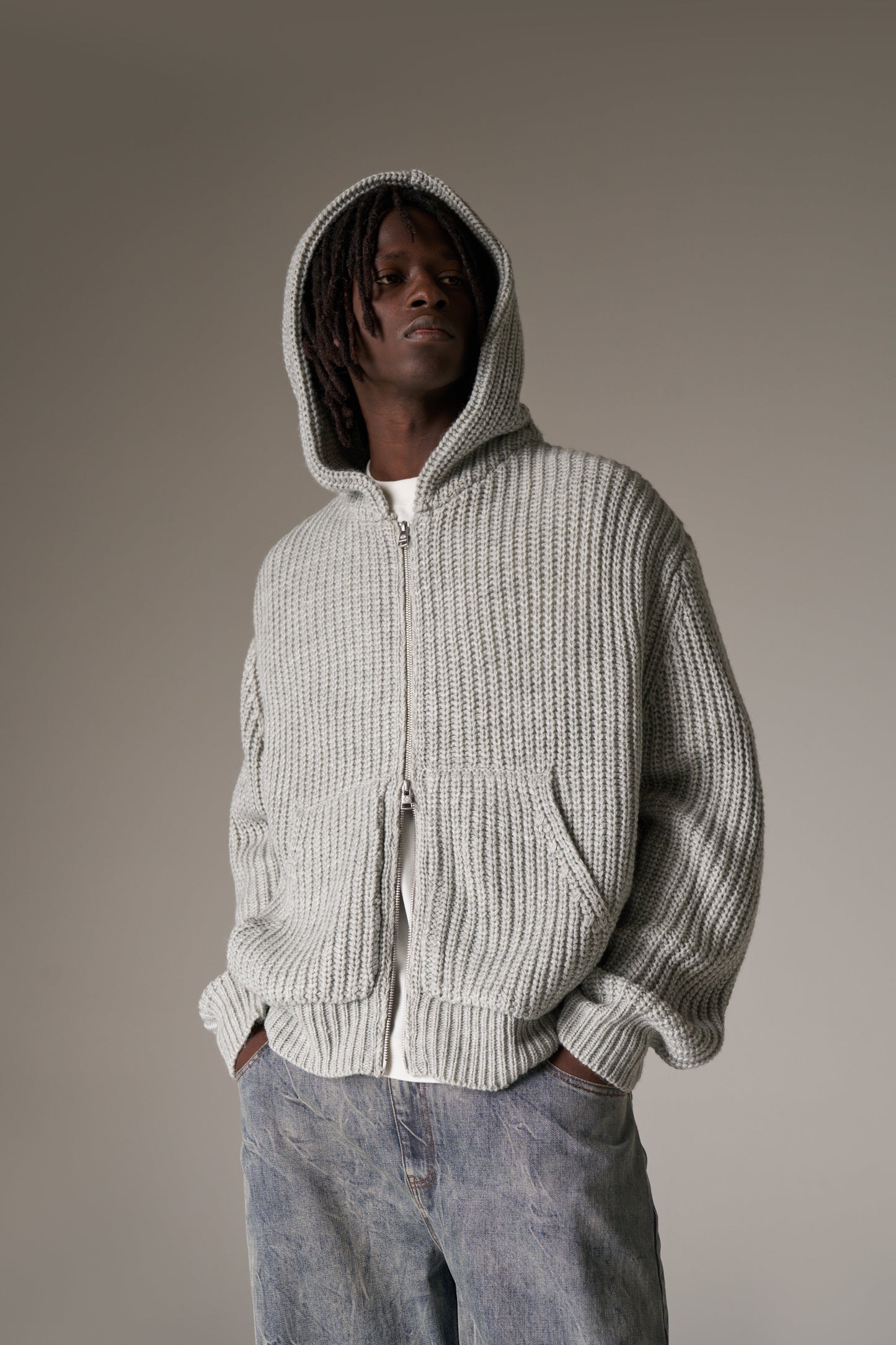 HEAVY RIB KNITTED ZIP THROUGH HOODIE - GREY MARL