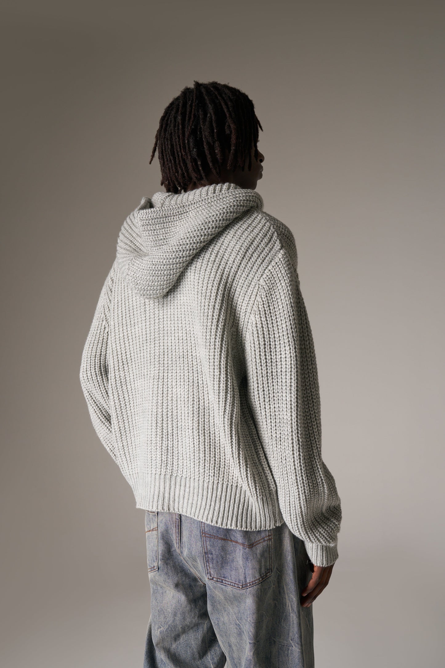 HEAVY RIB KNITTED ZIP THROUGH HOODIE - GREY MARL