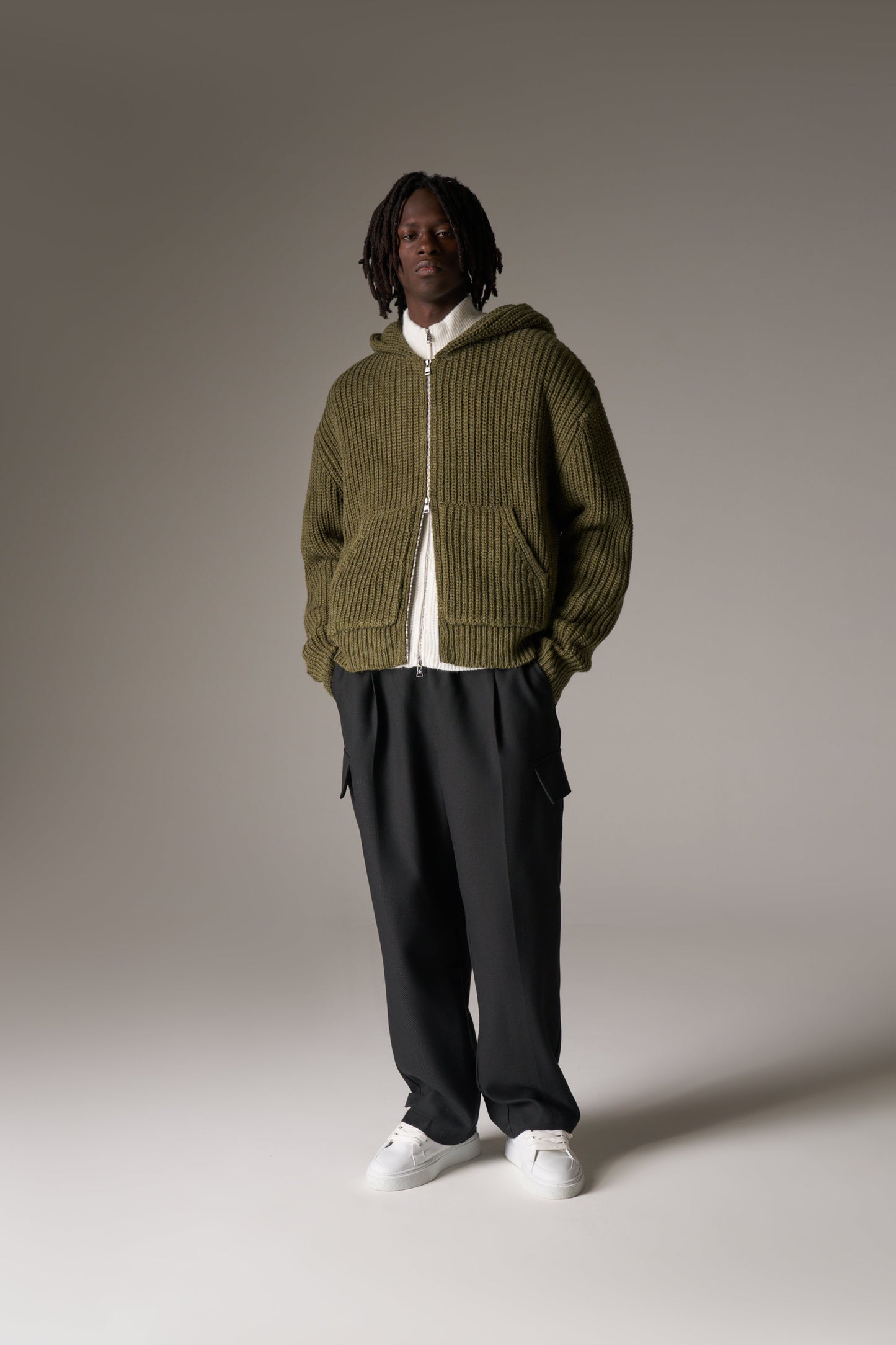 HEAVY RIB KNITTED ZIP THROUGH HOODIE - KHAKI
