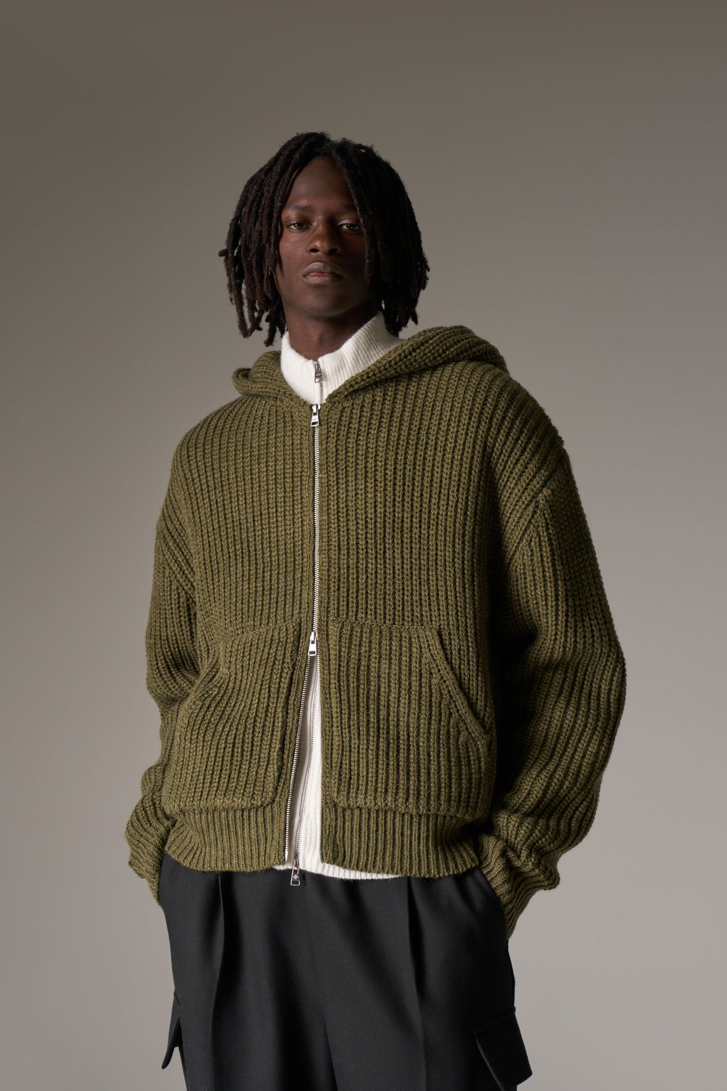 HEAVY RIB KNITTED ZIP THROUGH HOODIE - KHAKI