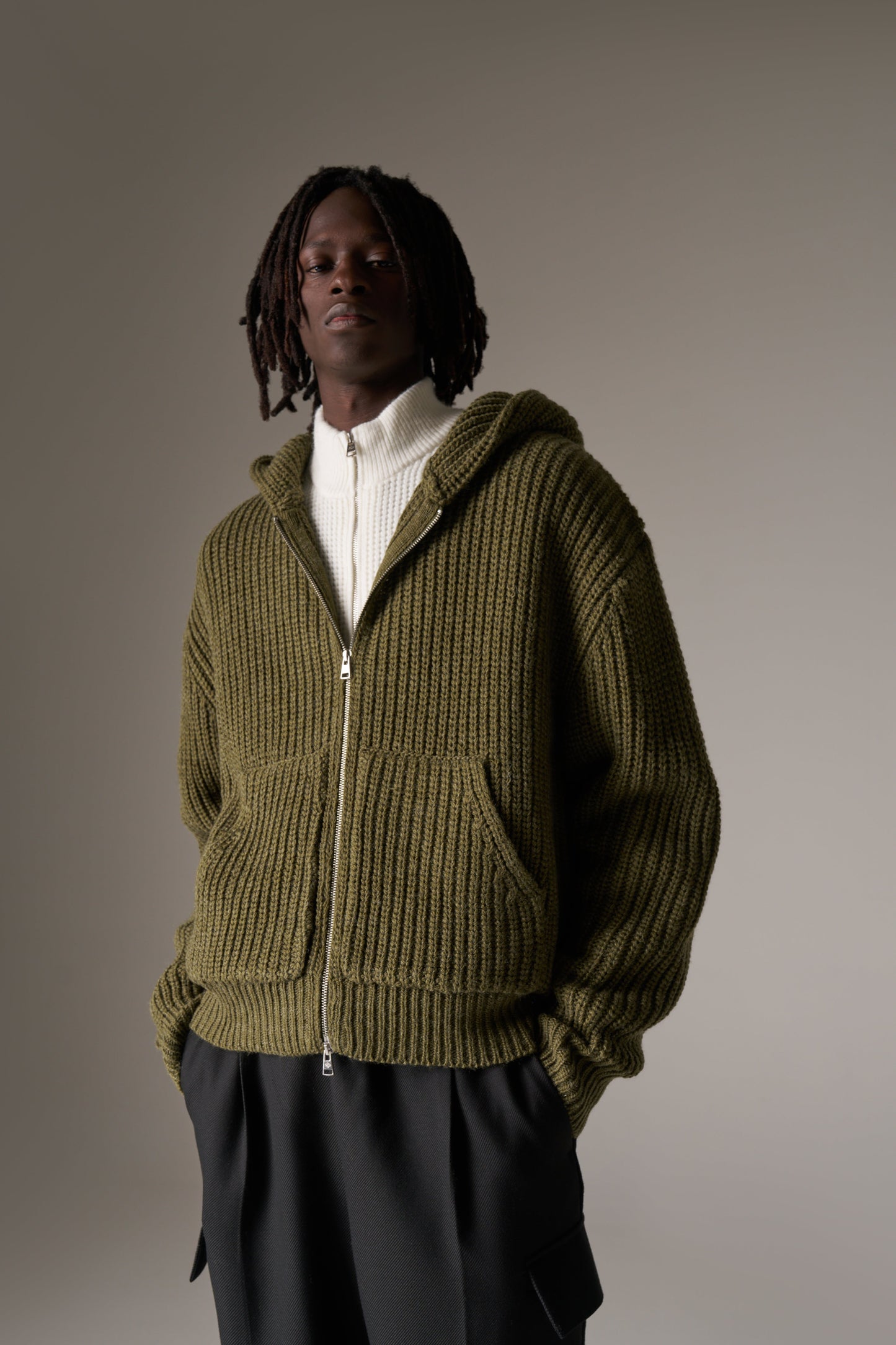 HEAVY RIB KNITTED ZIP THROUGH HOODIE - KHAKI