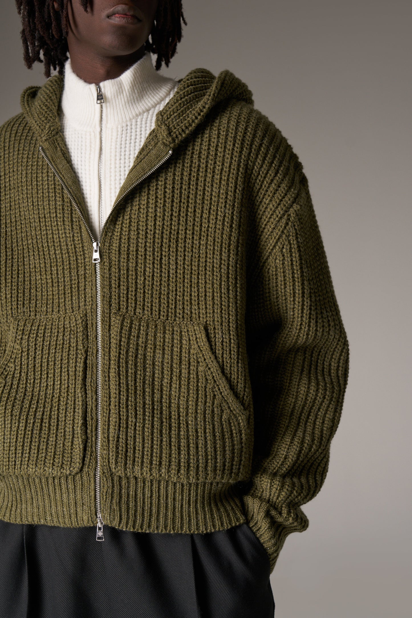 HEAVY RIB KNITTED ZIP THROUGH HOODIE - KHAKI