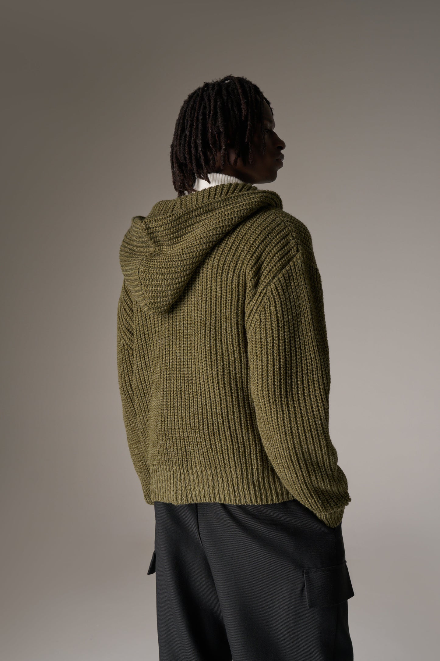 HEAVY RIB KNITTED ZIP THROUGH HOODIE - KHAKI