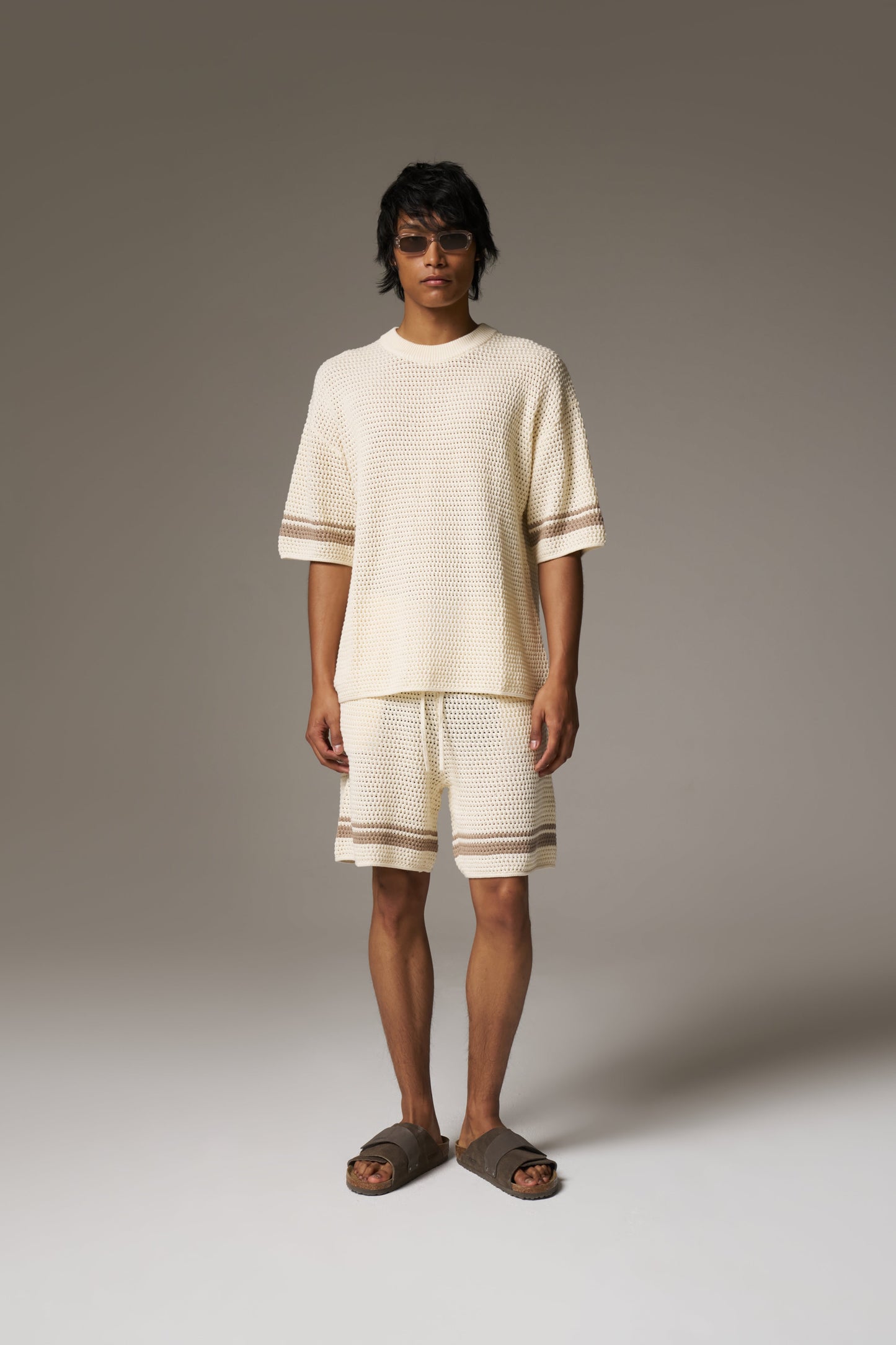 CROCHET KNITTED CONTRAST STRIPE T-SHIRT - OFF WHITE