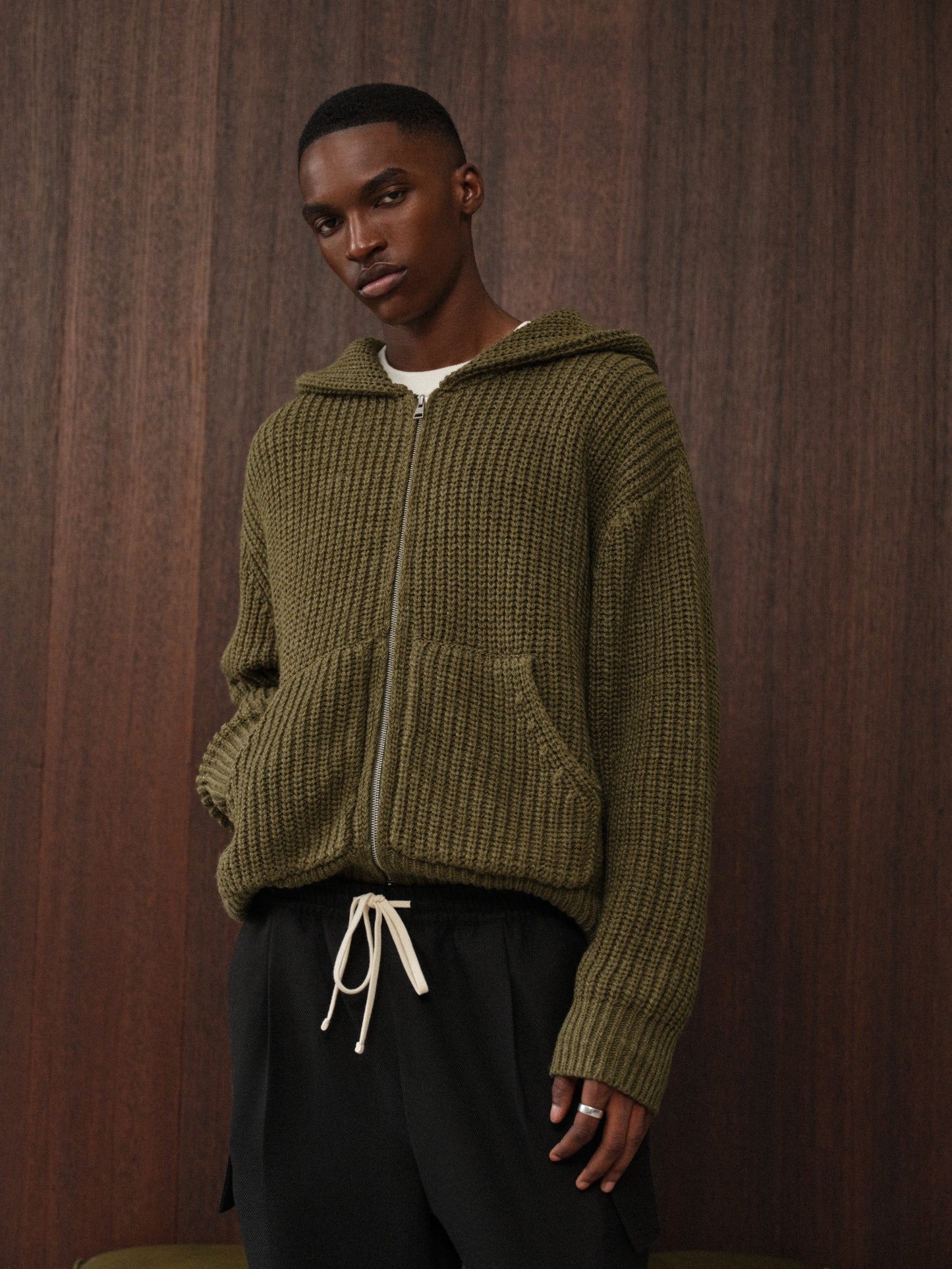 HEAVY RIB KNITTED ZIP THROUGH HOODIE - KHAKI