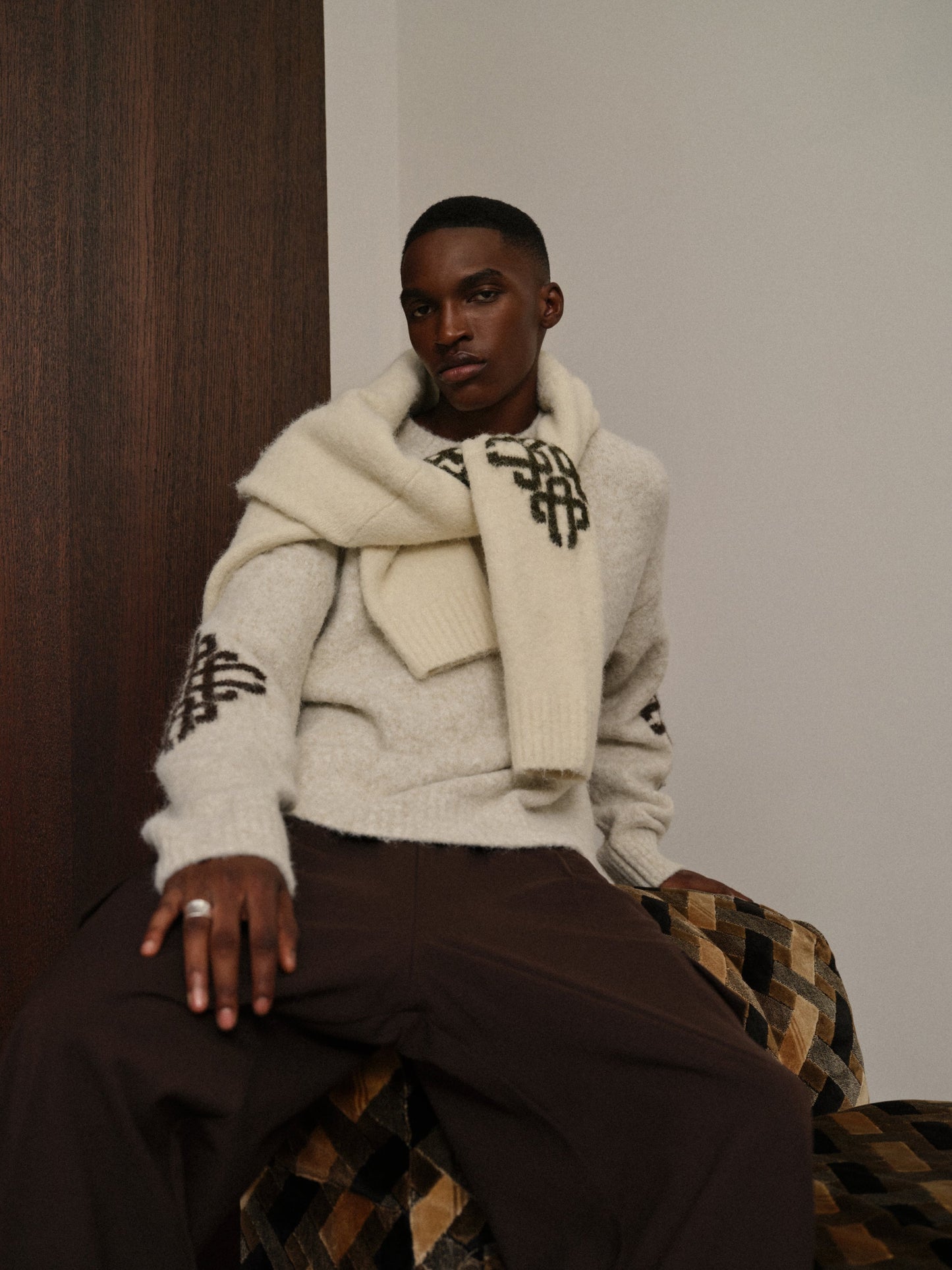 BRUSHED EMBLEM SLEEVE KNITTED CREW - BEIGE