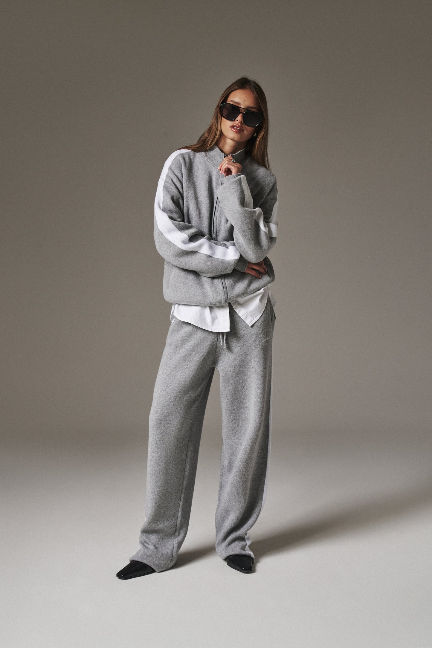 SIDE STRIPE KNITTED TRACK JACKET - GREY MARL