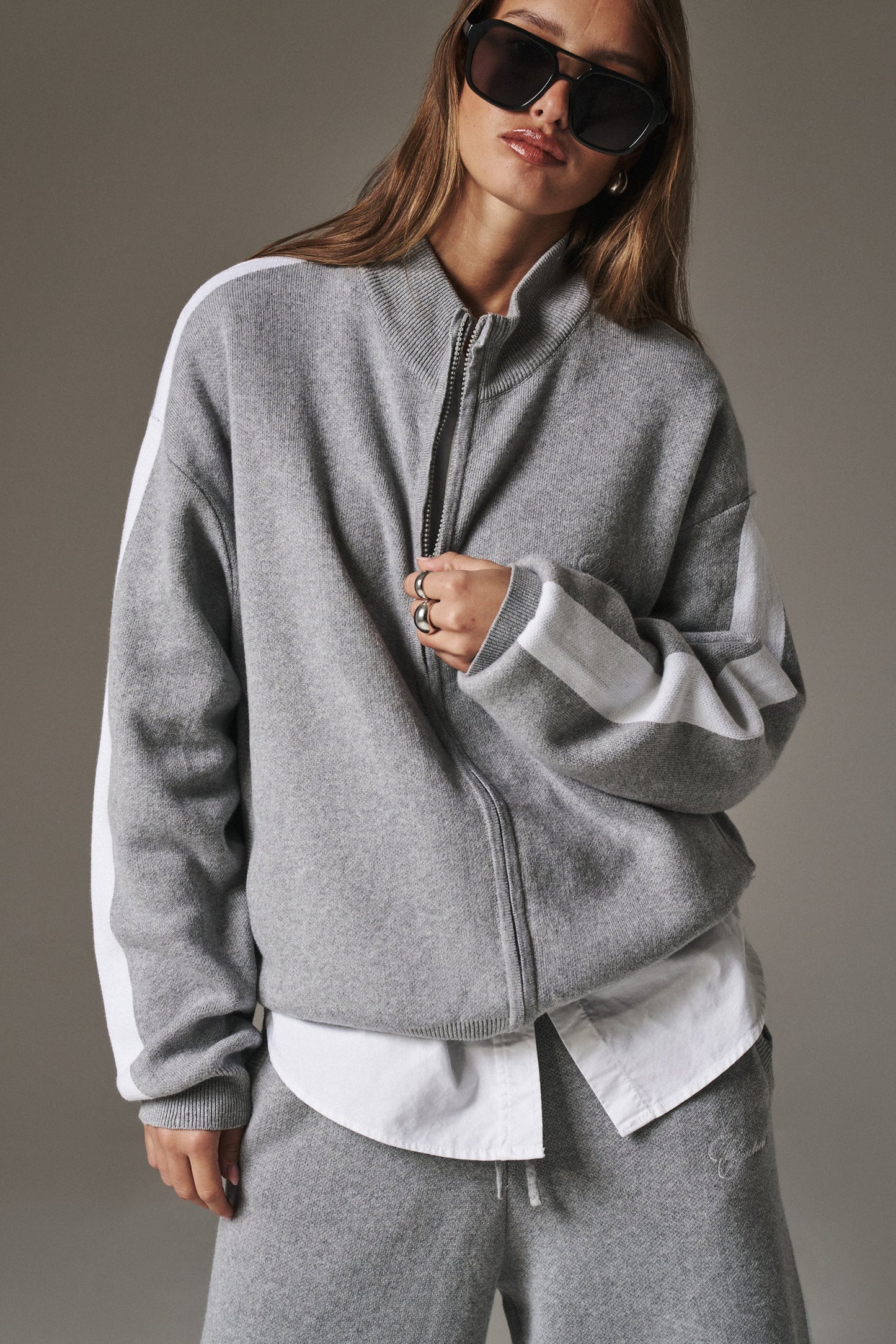 SIDE STRIPE KNITTED TRACK JACKET - GREY MARL