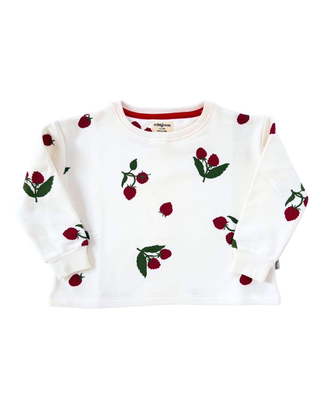 Wildgreen raspberry print long-sleeve sweater made from 100% organic undyed cotton. Unisex sustainable kidswear
