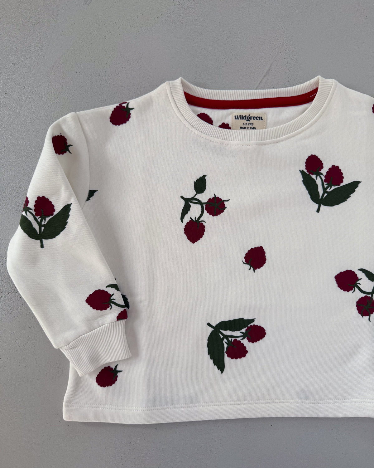 Wildgreen raspberry print long-sleeve sweater made from 100% organic undyed cotton. Unisex sustainable kidswear