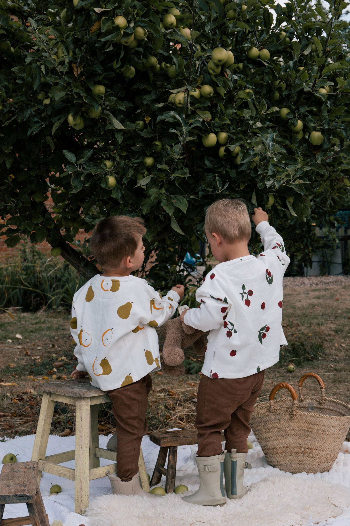 Organic cotton Wildgreen sweater in Autumn Pear print, worn by toddler, sustainable unisex and gender-neutral clothing for kids