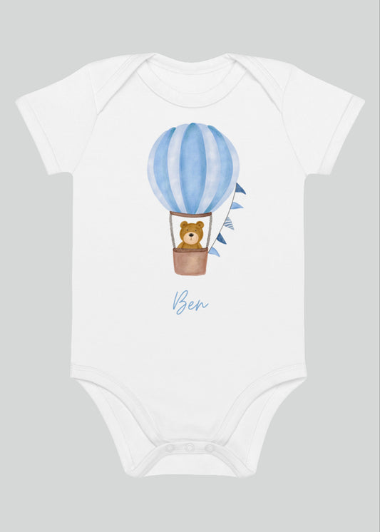 Personalised Name Bear Hot Air Baloon Bodysuit in Blue