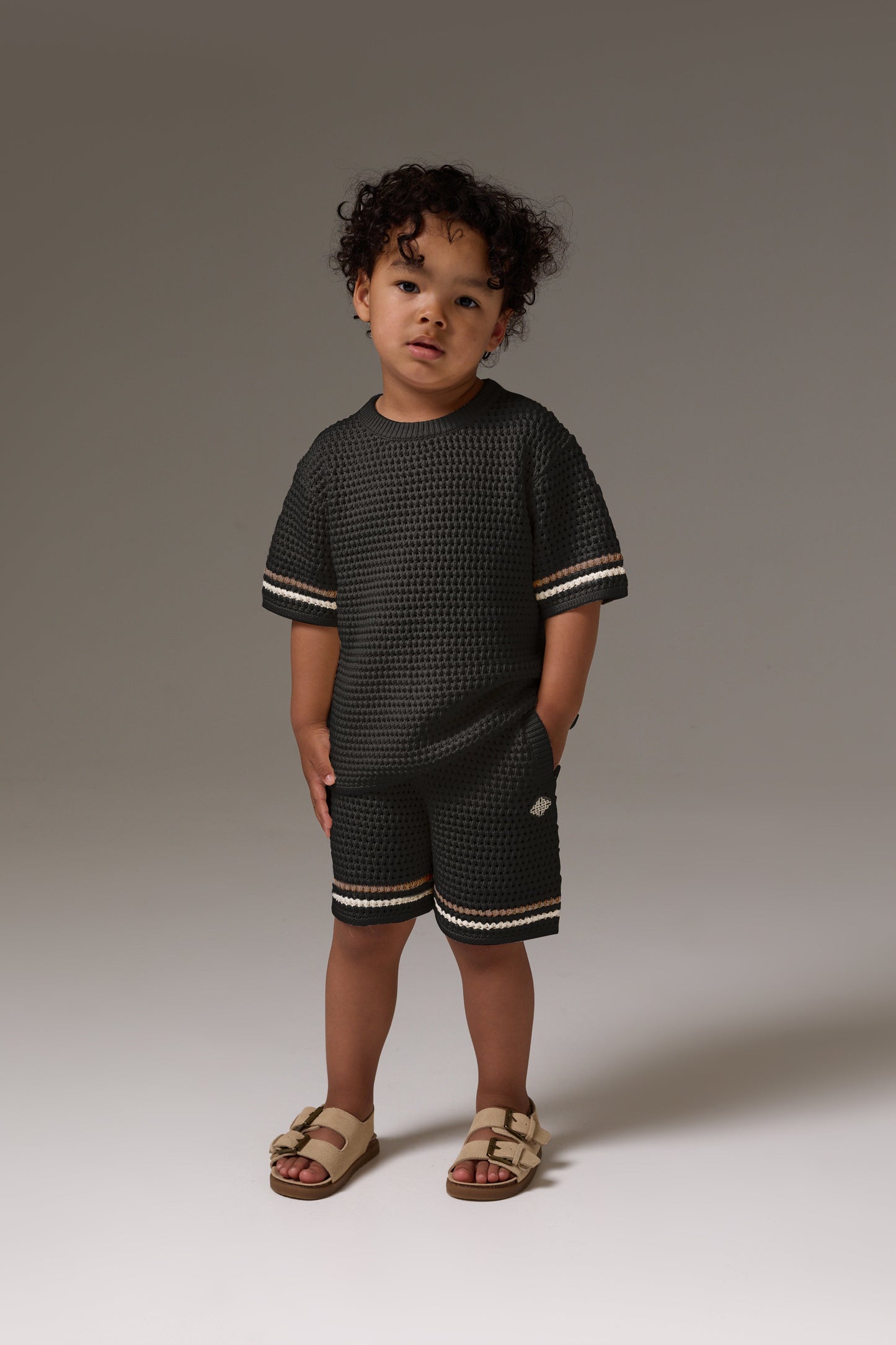 KIDS STRIPE CROCHET KNIT T-SHIRT - BLACK