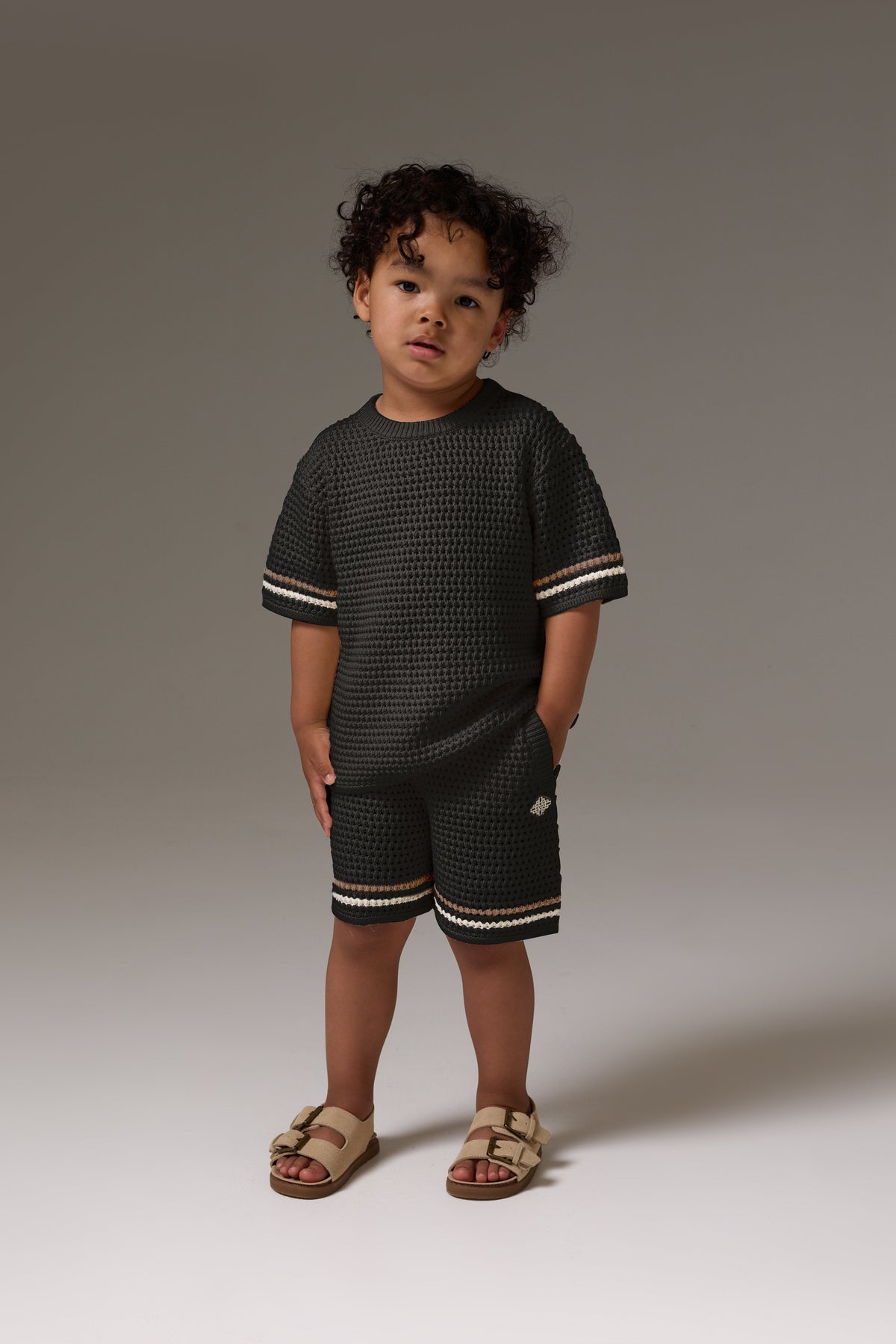 KIDS STRIPE CROCHET KNIT T-SHIRT - BLACK