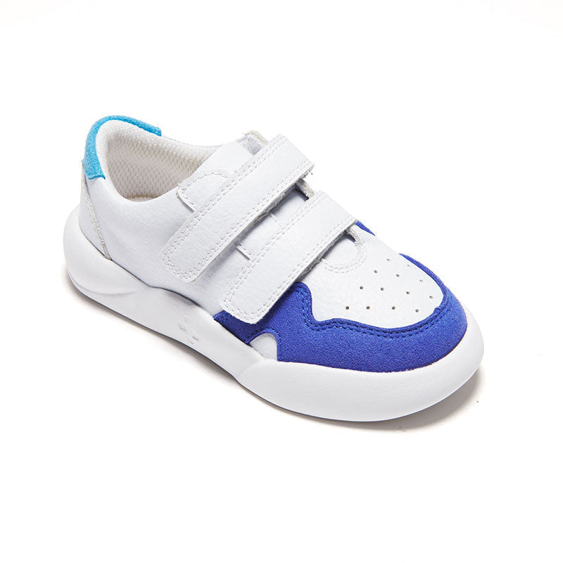 Blue and white Dubs glide wide-fit quality durable leather kids trainer, quarter view