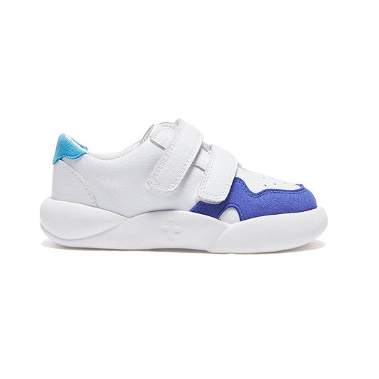 Blue and white Dubs glide wide-fit quality durable leather kids trainer, side view