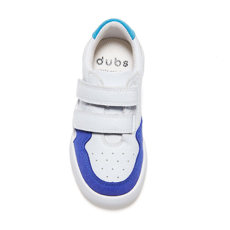 Blue and white Dubs glide wide-fit quality durable leather kids trainer, top view