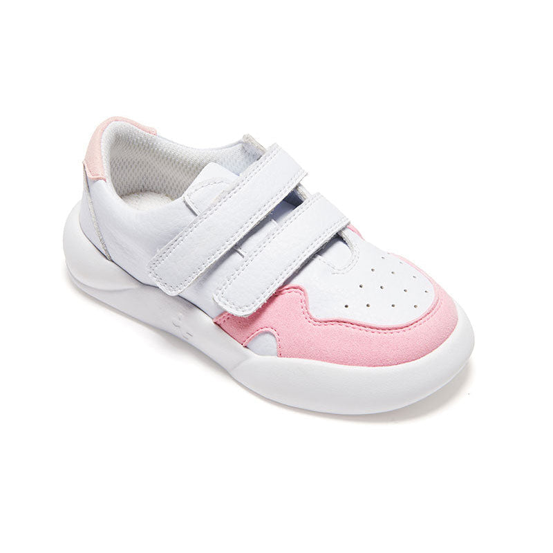 Pink and White Dubs glide wide-fit quality durable leather kids trainer, quarter view