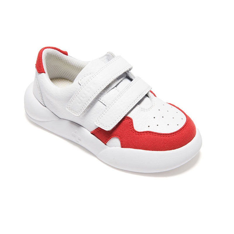 Red and White Dubs glide wide-fit quality durable leather kids trainer, quarter view