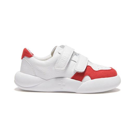 Red and White Dubs glide wide-fit quality durable leather kids trainer, side view
