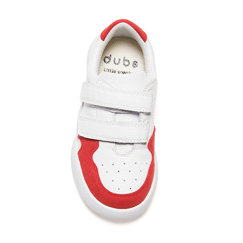 Red and White Dubs glide wide-fit quality durable leather kids trainer, top view