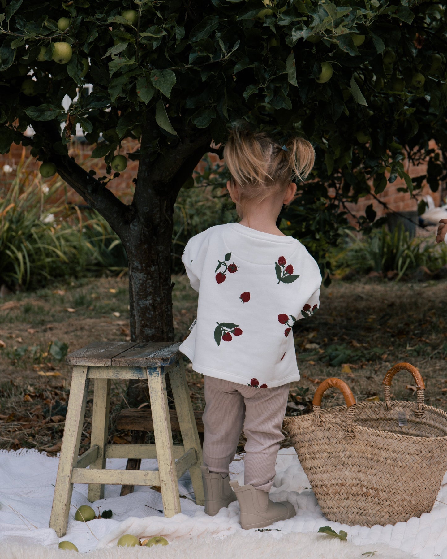 Toddler wearing Wildgreen raspberry print sweater made from organic cotton whilst apple picking, unisex and gender-neutral sustainable kidswear, undyed cotton
