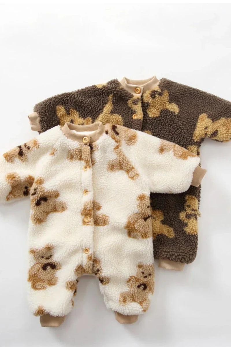 Bear Fleece Romper Cream or Brown - Cozy Crew Club