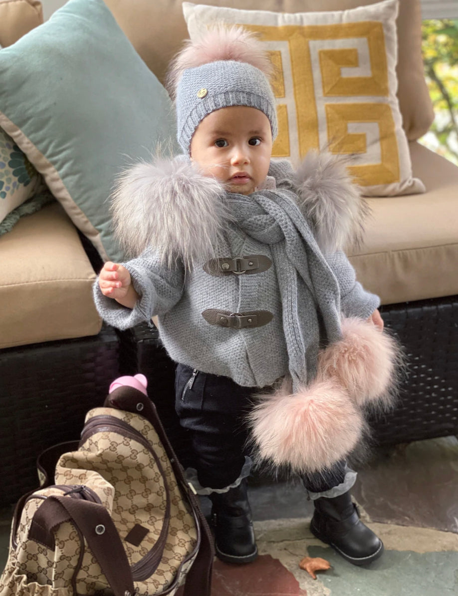 Petite Maison Kids Grey Cashmere scarf with fur poms - Rose & Albert