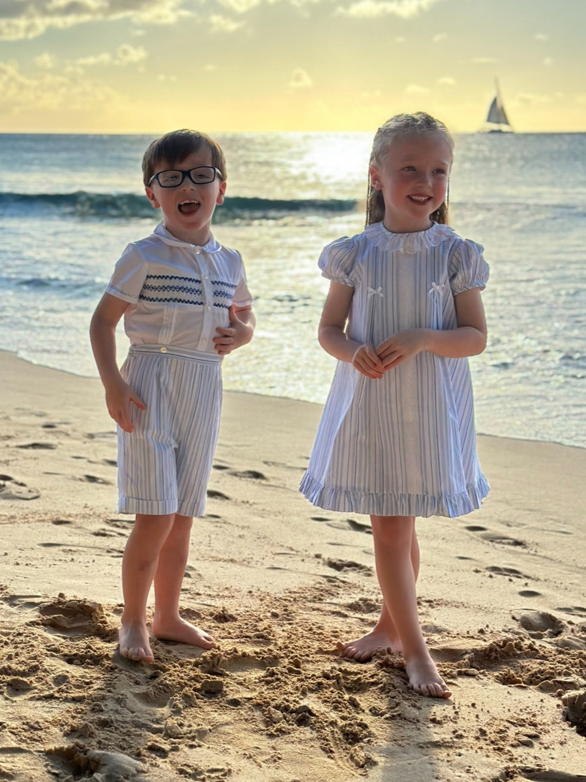 Exclusive to R&A by Sarah Louise Blue Stripe Dress with Sunhat - Rose & Albert
