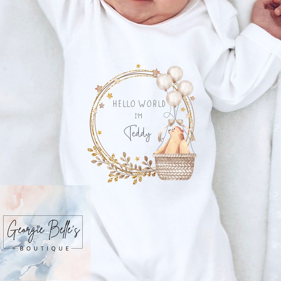 Personalised Announcement Vest / Babygrow - Gold/Nude Hot Air Balloon Wreath Design