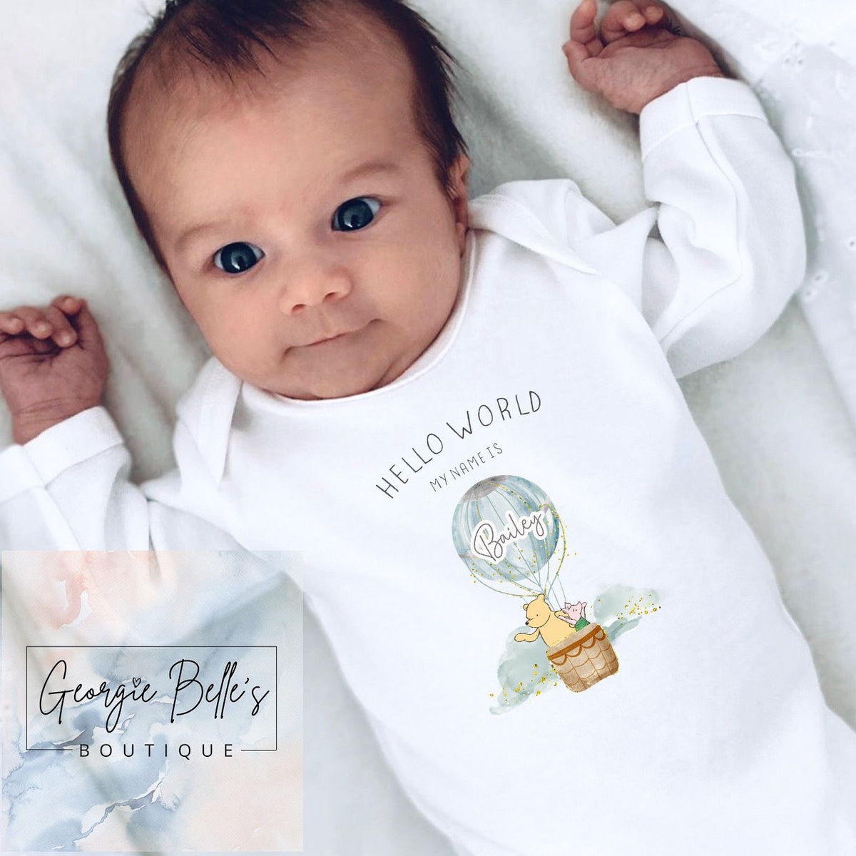 Personalised Announcement Vest / Babygrow - Winnie The Pooh Inspired Hot Air Balloon Wreath Design
