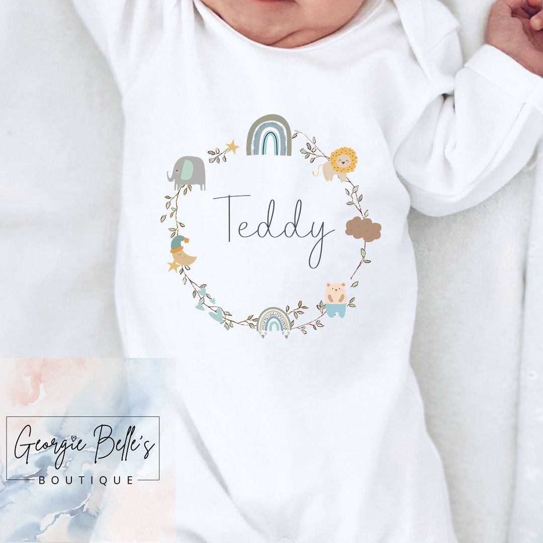 Personalised Vest / Babygrow -  Grey Safari Wreath Design